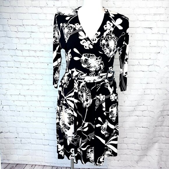 Talbots Dresses & Skirts - TALBOTS BLACK & WHITE FLORAL PRINT FAUX WRAP DRESS W/ BELT - 8